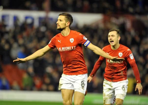 Barnsley's Conor Hourihane celebrates scoring what proved the winning goal against Leeds United (Picture: Tony Johnson).