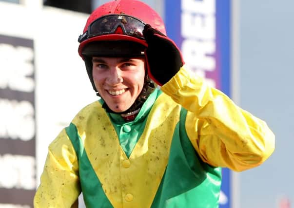 Jonathan Burke on Goonyella celebrates a win at Uttoxeter in 2015.