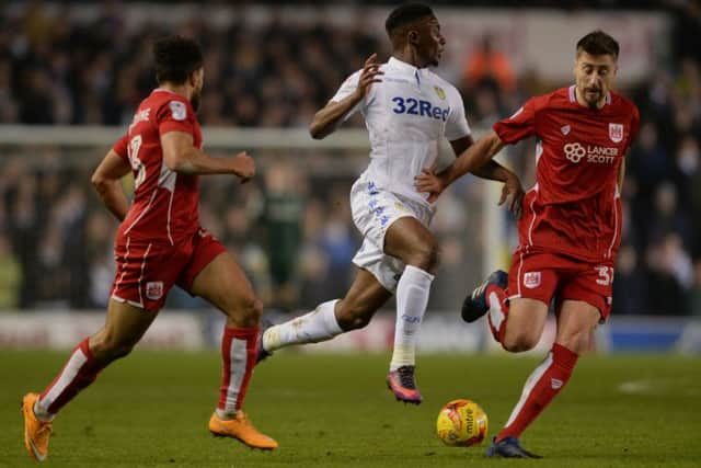 No way past Scott Golbourne and Jens Hegeler for Leeds's Hadi Sacko.
 (Picture: Bruce Rollinson)