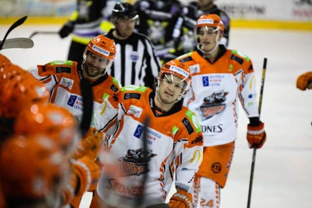 DOUBLE HELPING: Steelers' Levi Nelson celebrates one of his two goals at Manchester on Sunday night. Picture courtesy of Mark Ferriss/EIHL.