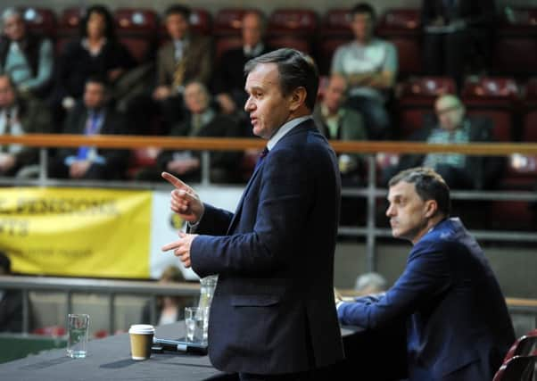 Farming Minister George Eustice, alongside Skipton and Ripon MP Julian Smith, speaks to farmers at Skipton Auction Mart. Picture Tony Johnson.