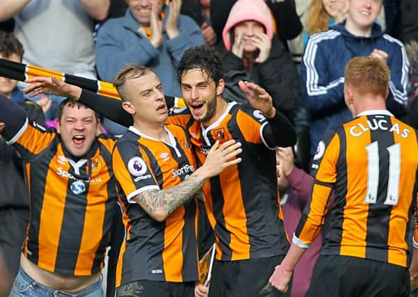 Hull City's Andrea Ranocchia celebrates scoring.