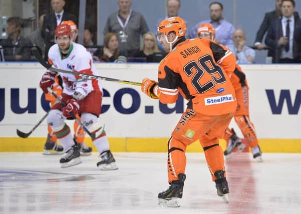 GOING FOR GOOD: Rod Sarich, helping the Steelers to a fifth Elite League play-off title by defeating Cardiff on Sunday. Picture: Dean Woolley.