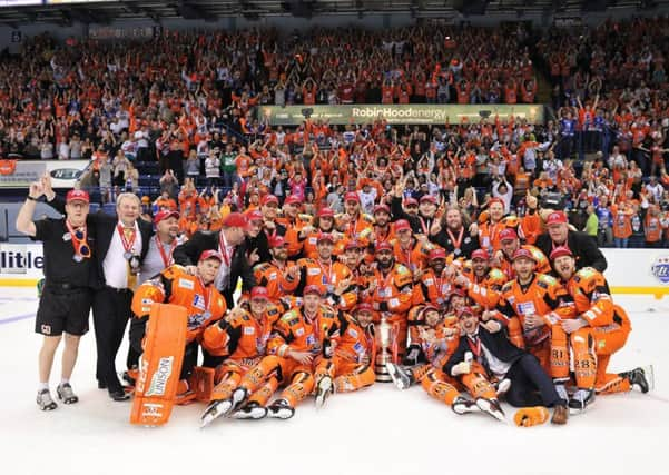 WINNERS: Sheffield Steelers celebrate their Elite League Play-off win over Cardiff Devils in Nottingham on Sunday. Picture: Dean Woolley.