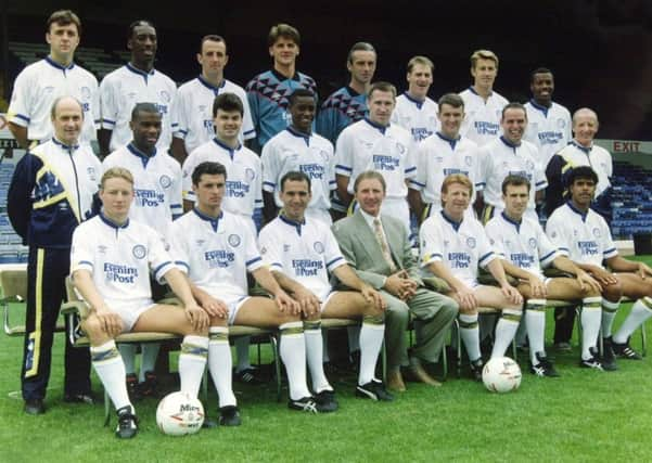 Leeds United 1991, photocall, team pic.
Picture left to right,
Back row: Bobby Davison, Chris Whyte, Gary McAllister, John Lukic, Mervyn Day, Peter Haddock, Lee Chapman, Rod Wallace.
Middle row: Alan Sutton(Physio), Ray Wallace, Steve Hodge, Chris Fairclough, John McClelland, Mike Whitlow, Mel Sterland, Mick Hennigan(coach).
Front Row: David Batty, Gary Speed, Imre Varadi, Howard Wilkinson (manager), Gordon Strachan, Tony Dorigo, Chris Kamara.