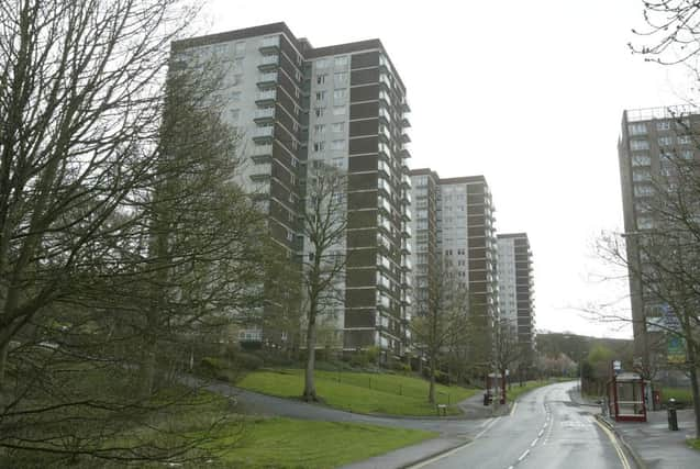 Tower block flats at Mixenden.
From the front, Jumples Court, Mixenden Court and Wheatley Court.