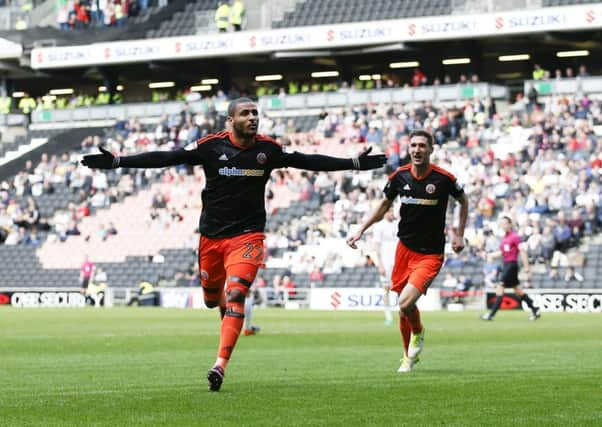 Sheffield United's Leon Clarke celebrates scoring the first goal against MK Dons. Picture: Simon Bellis/Sportimage