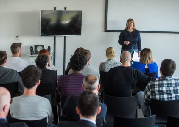 Date: 3rd May 2016.
Picture James Hardisty.
Launch of a new Leeds Beckett University and Yorkshire Post Newspapers partnership within the Digital Hub, Leeds. Pictured Katie Rigarlsford, Enterprise and Innovation Manager for Leeds Beckett University addressing representatives from Leeds Beckett University , Leeds Digital Hub, and Johnston Press.