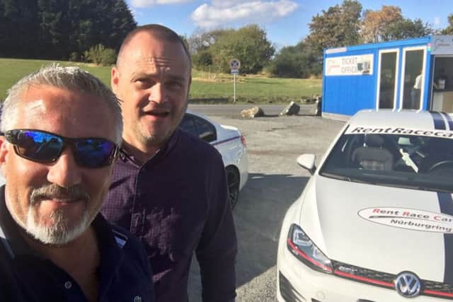 Paul Hollywood and Al Murray at the Nurburgring driving circuit in Germany.  Credit: PA Photo/BBC/Nathaniel Bullen.