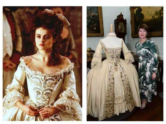 Helena Bonham Carter in 1994 horror classic Mary Shelly's Frankenstein - and he 'bride of Frankenstein' dress with Barnsley Museums Exhibitions Officer Alison Cooper.