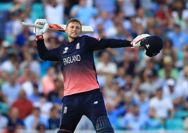 Yorkshires Joe Root is jubilant after reaching his century for England in their Champions Trophy victory over Bangladesh (Picture: John Walton/PA Wire).