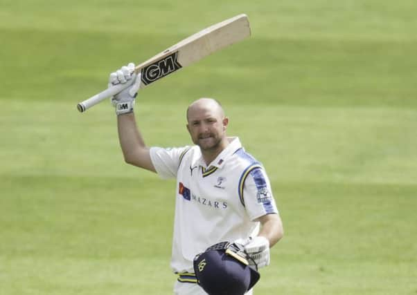 Milestone: Yorkshire's Adam Lyth celebrates his century against Lancashire.
Picture: Allan McKenzie/SWpix