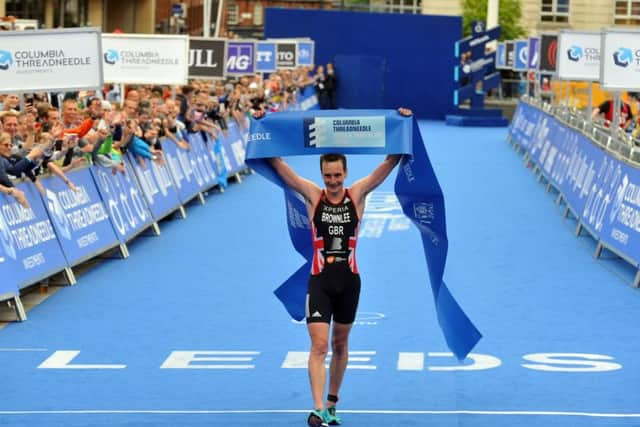 Alistair Brownlee celebrates his win of the 2016 ITU World Triathlon Leeds in Millenium Square. (Picture: Tony Johnson)