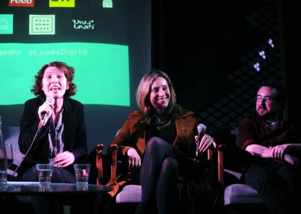 Leeds Digital Festival panel discussion from 2016.
From left, Kate Nash (Director Of Education Leeds University School of Media & Communication), Ana Jakimovska (Head of Product Sky News) and Tom Philips (UK Editorial Director Buzzfeed)..
Picture : Jonathan Gawthorpe