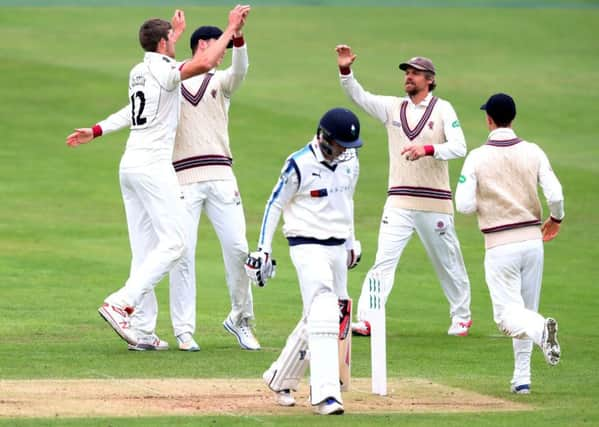 Yorkshires Harry Brook departs for 31 after receiving a snorter from Somersets Craig Overton (Picture: Simon Cooper/PA Wire).