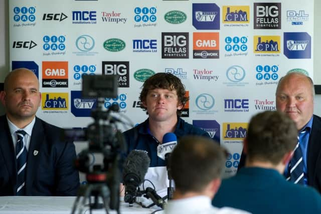 Date: 18th July 2017.
Picture James Hardisty.
Announcement of the new head coach for Featherstone Rovers John Duffy is announced as the new Featherstone Rovers' head coach, sitting alongside, left, general manager Davide Longo and right, chairman Mark Campbell.