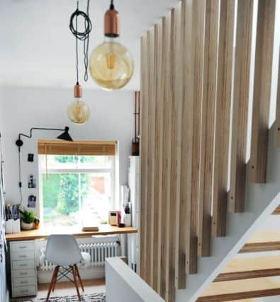 the landing is now a beautiful. light space and the box room has been removed to create an open-plan office with new open-tread stairs leading to the loft conversion