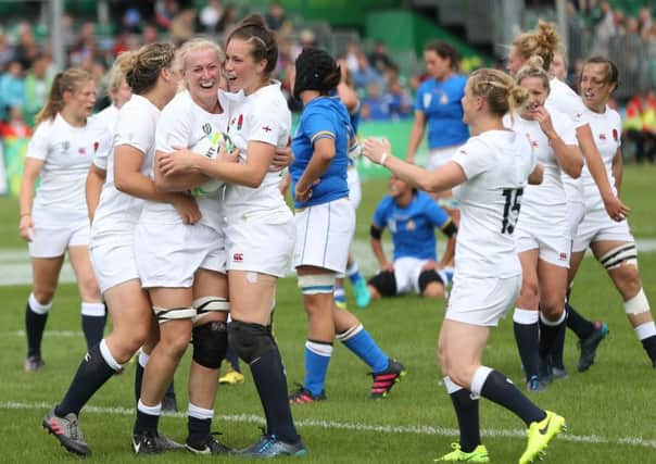 Englands Tamara Taylor celebrates a try against Italy during their World Cup Pool B match in Dublin (Picture: Niall Carson/PA).