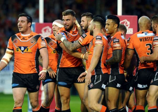 Castleford's Mike McMeeken celebrates his try against Wakefield. (Picture: Jonathan Gawthorpe)