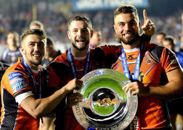 Castleford's players Greg Minikin, Zak Hardaker and Mike McMeeken,celebrate the League Leaders Shield.
 (Picture: Jonathan Gawthorpe)