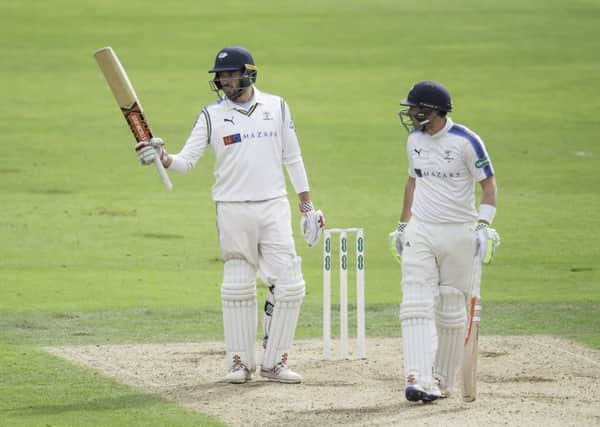 Yorkshire's Jack Leaning celebrates his half century against Middlesex. Picture by Allan McKenzie/SWpix.com