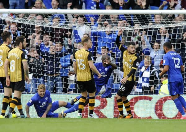 Late strie: Cardiff Citys last-kick equsliser from Sol Bamba.
Picture: Steve Ellis