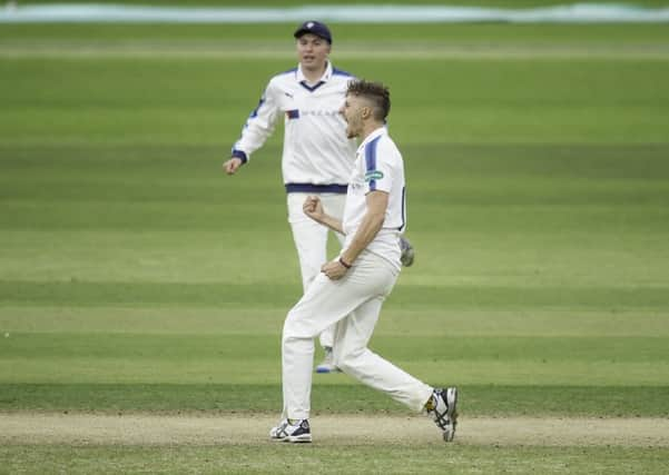 Yorkshire's Ben Coad celebrates dismissing Warwickshire's Dominic Sibley. (Picture: Allan McKenzie/SWpix.com)