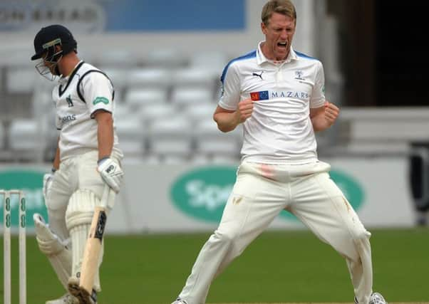 Yorkshires Steve Patterson celebrates trapping Warwickshires Jonathan Trott lbw at Headingley yesterday as he took 4-46 (Picture: Dave Williams/cricketphotos.co.uk).