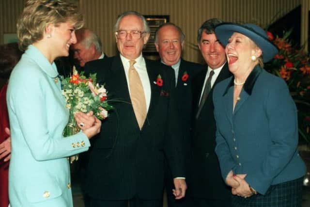 Liz Dawn laughs with the Princess of Wales diring a meeting at a Help the Aged awards ceremony