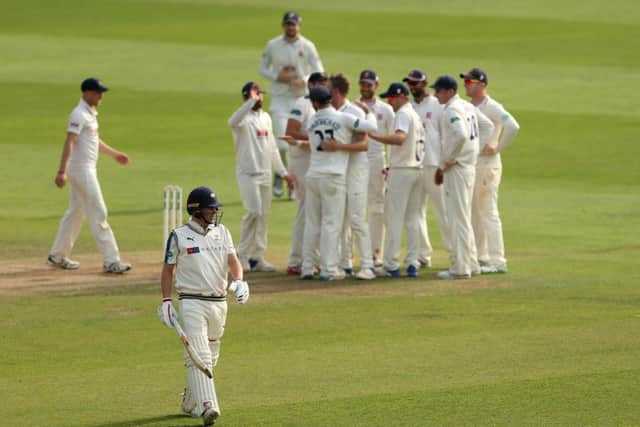 Yorkshire's Gary Ballance trudges of the field after being dismissed leg before by Essex's Sam Cook as Yorkshire collapsed to 74 all out to lose by 376 runs on day three. Picture: Steven Paston/PA