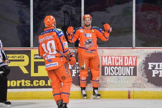 Matt Marquardt celebrates his 38th-minute goal against the Panthers on Saturday night to make it 3-2. Picture: Dean Woolley.