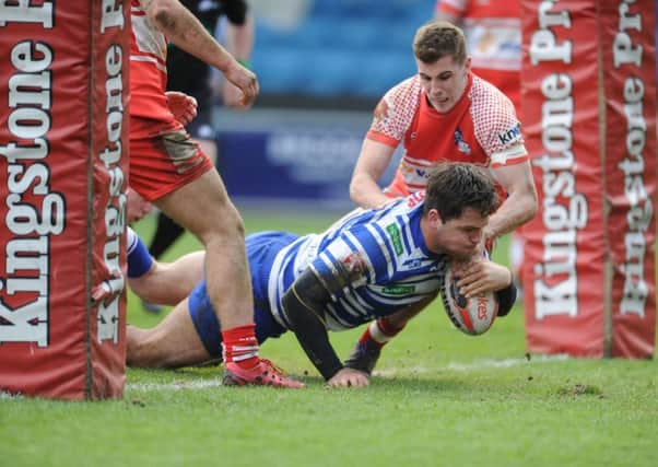 Date:17th April 2016. Picture James Hardisty.
Halifax RLFC v Castleford Lock Lane, Ladbrokes Challenge Cup. Pictured Halifax Luke Ambler, scoring a try.