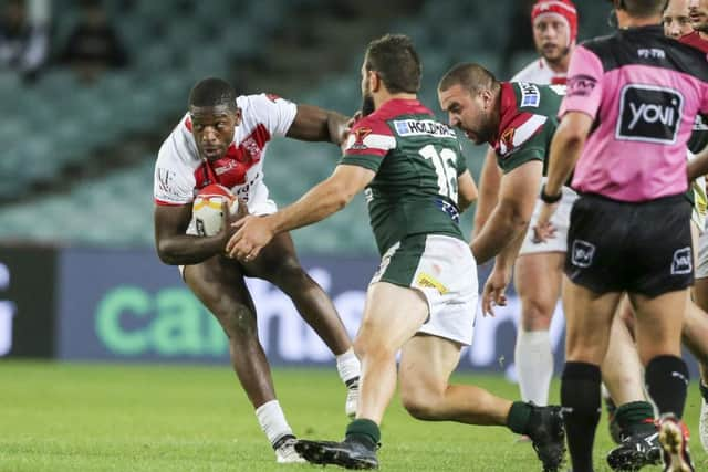 Jermaine McGillvary in action for England against Lebanon in the World Cup on Saturday (Picture: David Neilson/SWpix.com/PhotosportNZ).