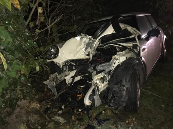 The car after it crashed into a tree in Knaresborough. Picture: @OscarRomeo1268