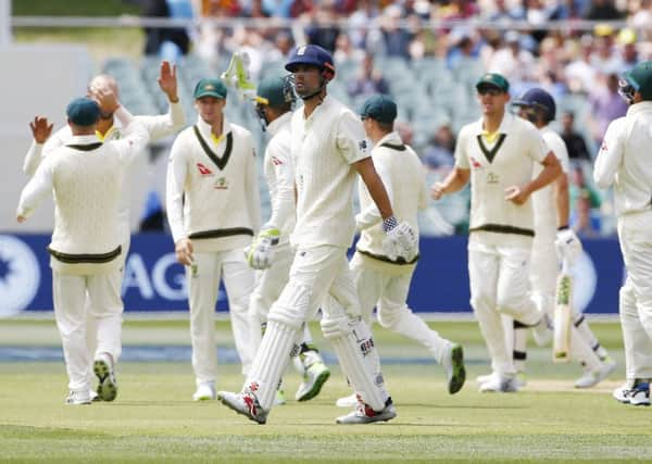 CHEAP SHOT: England's Alastair Cook walks off after being dismissed by Nathan Lyon on day three in Adelaide. Picture: Jason O'Brien/PA