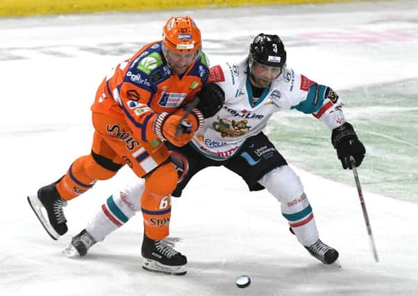 Steelers' Colton Fretter battles with Belfast Giants' Jeff Mason.