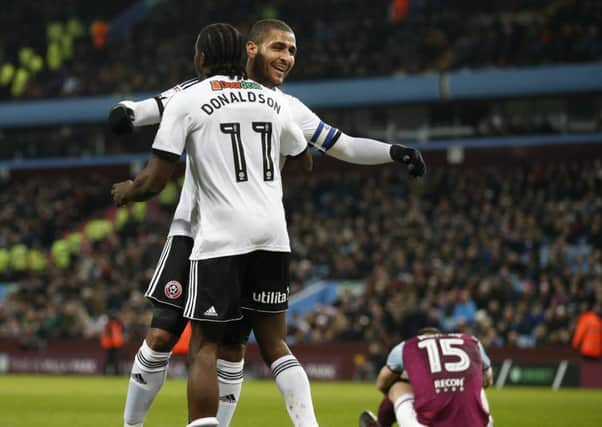 Clayton Donaldson of Sheffield Utd celebrates his second goal with Leon Clarke. Picture: Simon Bellis/Sportimage