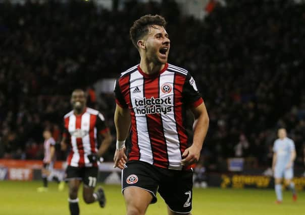 George Baldock of Sheffield Utd celebrates scoring. Picture: Simon Bellis/Sportimage