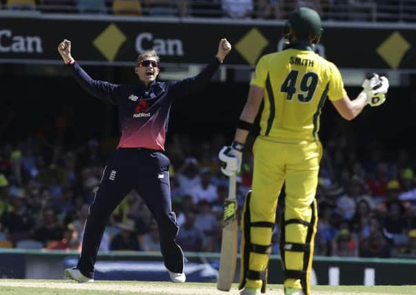 England's Joe Root, celebrates after taking the wicket of Australia's Steve Smith.