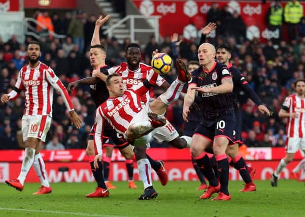 Stoke City's Xherdan Shaqiri scores but has his goal disallowed . Picture: Nigel French/PA