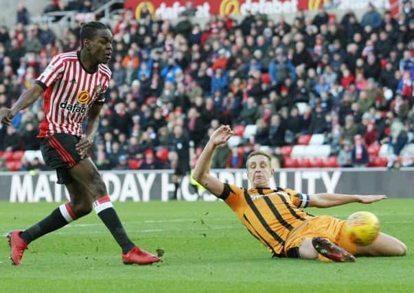 Joel Asoro strikes the winner for Sunderland. Picture: Frank Reid/Sunderland Echo.