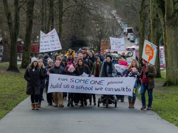 A number of parents living in the Roundhay area of Leeds gathered in Roundhay Park before taking part in a short march to highlight that children in the area do not have a local primary school available and that a proposed expansion of Moor Allerton High and Allerton Grange will have a negative effect on those schools.