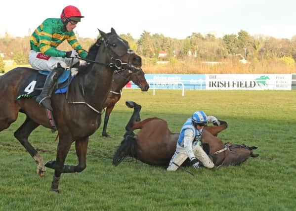 Edwulf ridden by Derek O'Connor passes the fallen Killultagh Vic and Paul Townend to win The Unibet Irish Gold Cup at Leopardstown.