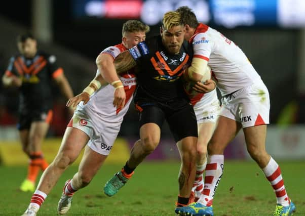 Jesse Sene-Lefao pushes forward for Castleford in their opening-game defeat at St Helens. PIC: Picture Bruce Rollinson