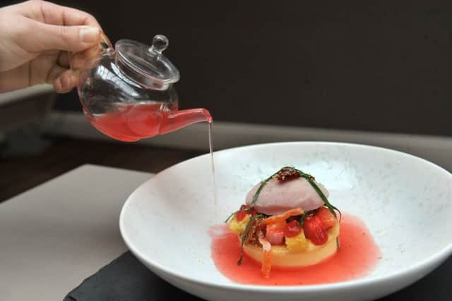 A dessert of  smoked almond and blood orange custard and rhubarb compote at  The Park in York .