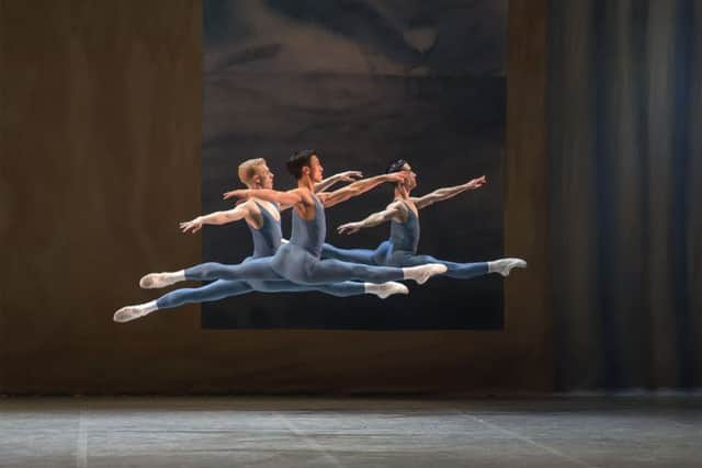 Sean Bates, Matthew Koon and Eneko AmorÃ³s Zaragoza in Kenneth MacMillan's Concerto. Photo Emma Kauldhar.