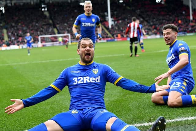 Leeds United's Pierre-Michel Lasogga celebrates his goal.