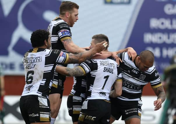 Hull's Jamie Shaul celebrates his try against Hull KR.