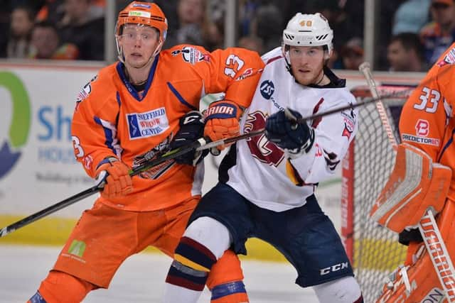 Sheffield Steelers' David Phillips tussles with a Guildford opponent in Saturday's 5-2 win. Picture: Dean Woolley.