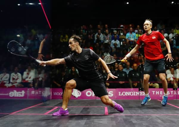 Paul Coll of New Zealand competes against James Willstrop of England in the Men's Singles Final at Gold Coast 2018 Commonwealth Games. (Picture: Anthony Au-Yeung/www.photosport.nz/SWpix.com)